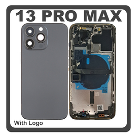 HQ OEM Συμβατό Με Apple iPhone 13 Pro Max (A2643, A2484) Rear Back Battery Cover Middle Frame- Housing Πίσω Κάλυμμα Καπάκι Πλάτη Μπαταρίας + Power Button + Volume Button Flex Cable + Sim Card Tray + Flashlight Flex + NFC Black Μαύρο (Premium A+)