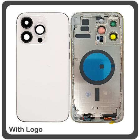 HQ OEM Συμβατό Με Apple iPhone 14 Pro Max (A2894), Rear Back Battery Cover Middle Frame- Housing Πίσω Κάλυμμα Καπάκι Πλάτη Μπαταρίας - Σασί + Camera Lens Τζαμάκι Κάμερας + Side Keys Πλαινά πλήκτρα  + Sim Tray Θήκη Κάρτας Silver Ασημί (Premium A+)
