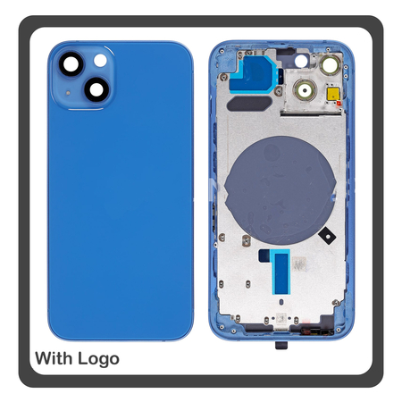 iPhone 13, iPhone13 (A2633, A2482) Rear Back Battery Cover Middle Frame- Housing Πίσω Κάλυμμα Καπάκι Πλάτη Μπαταρίας - Σασί + Camera Lens Τζαμάκι Κάμερας + Side Keys Πλαϊνά πλήκτρα  + Sim Tray Θήκη Κάρτας Blue Μπλε (Ref By Apple)