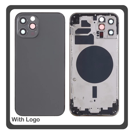 iPhone 12 Pro (A2407, A2341) Rear Back Battery Cover Middle Frame- Housing Πίσω Κάλυμμα Καπάκι Πλάτη Μπαταρίας - Σασί + Camera Lens Τζαμάκι Κάμερας + Side Keys Πλαϊνά πλήκτρα  + Sim Tray Θήκη Κάρτας Graphite Μαύρο (Ref By Apple)