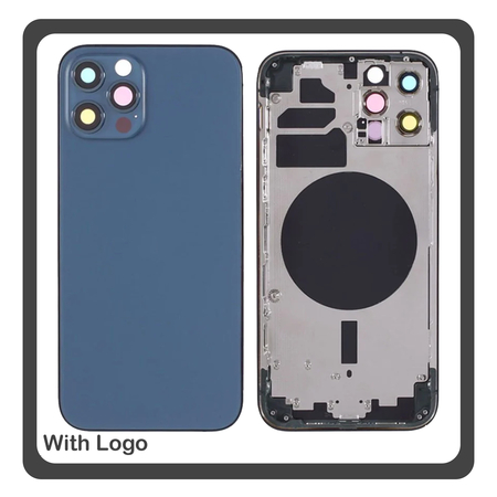 iPhone 12 Pro (A2407, A2341) Rear Back Battery Cover Middle Frame- Housing Πίσω Κάλυμμα Καπάκι Πλάτη Μπαταρίας - Σασί + Camera Lens Τζαμάκι Κάμερας + Side Keys Πλαϊνά πλήκτρα  + Sim Tray Θήκη Κάρτας Blue Μπλε (Ref By Apple)
