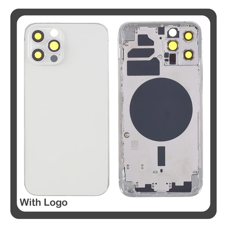 iPhone 12 Pro (A2407, A2341) Rear Back Battery Cover Middle Frame- Housing Πίσω Κάλυμμα Καπάκι Πλάτη Μπαταρίας - Σασί + Camera Lens Τζαμάκι Κάμερας + Side Keys Πλαϊνά πλήκτρα  + Sim Tray Θήκη Κάρτας White Άσπρο (Ref By Apple)