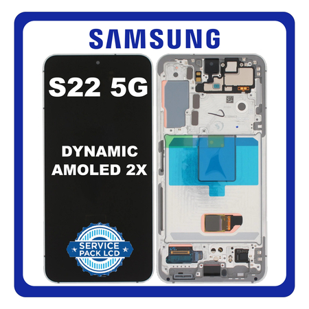 Γνήσια Original Samsung Galaxy S22 5G (SM-S901B, SM-S901B/DS) Dynamic AMOLED 2X LCD Display Screen Assembly Οθόνη + Touch Screen Digitizer Μηχανισμός Αφής + Frame Bezel Πλαίσιο Σασί + Camera Κάμερα + Speaker Ακουστικό White Άσπρο GH82-28999B (Service Pack By Samsung)