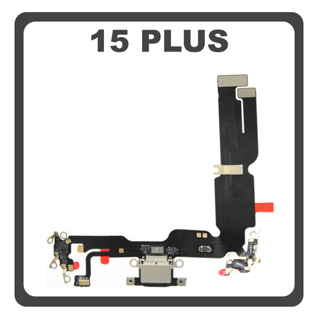 HQ OEM For Apple iPhone 15 Plus, iPhone 15+ (A3094, A2847) Charging Dock Connector Lightning Flex Καλωδιοταινία Κονέκτορας Φόρτισης + Microphone Μικρόφωνο Black Μαύρο (Premium A+)