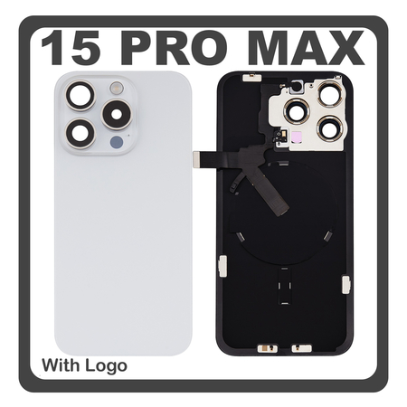 HQ OEM Συμβατό Με Apple iPhone 15 Pro Max, iPhone 15 ProMax (A2849, A3105) Rear Back Battery Cover Πίσω Κάλυμμα Καπάκι Πλάτη Μπαταρίας + Metal Plate + Camera Lens Τζαμάκι Κάμερας + Magsafe + NFC White Titanium Άσπρο (Premium A+)