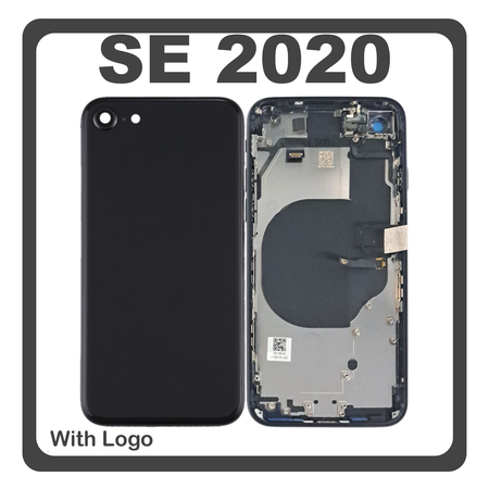 HQ OEM Συμβατό Με iPhone SE (2020) (A2275, A2296) Rear Back Battery Cover Middle Frame- Housing Πίσω Κάλυμμα Καπάκι Πλάτη Μπαταρίας + Power Button + Volume Button Flex Cable + Sim Card Tray + Flashlight Flex + NFC Black Μαύρο (Premium A+)