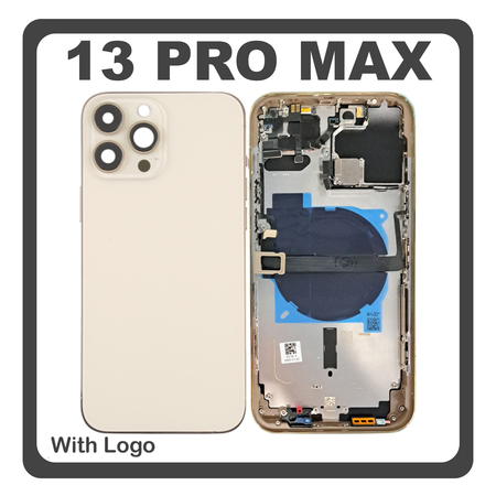 HQ OEM Συμβατό Με Apple iPhone 13 Pro Max (A2643, A2484) Rear Back Battery Cover Middle Frame- Housing Πίσω Κάλυμμα Καπάκι Πλάτη Μπαταρίας + Power Button + Volume Button Flex Cable + Sim Card Tray + Flashlight Flex + NFC Gold Χρυσό (Premium A+)